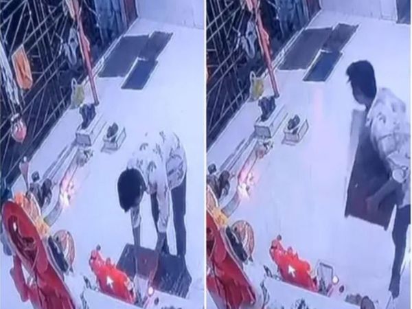 Thief breaks into temple prays to deity before fleeing with donation box Video Viral