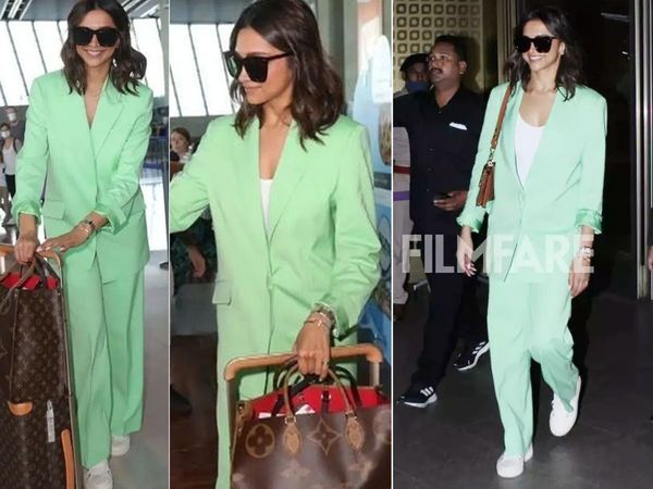 Deepika Padukone Mumbai Airport nyanza green pantsuit After returning from the Cannes Film Festival 2022- 