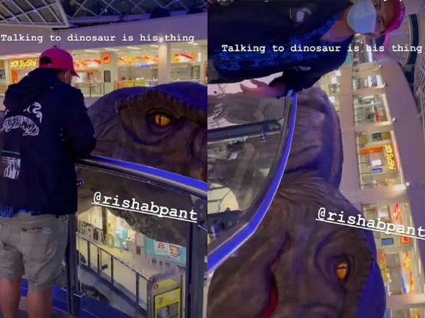 rishabh pant talks to dinosaur in london museum