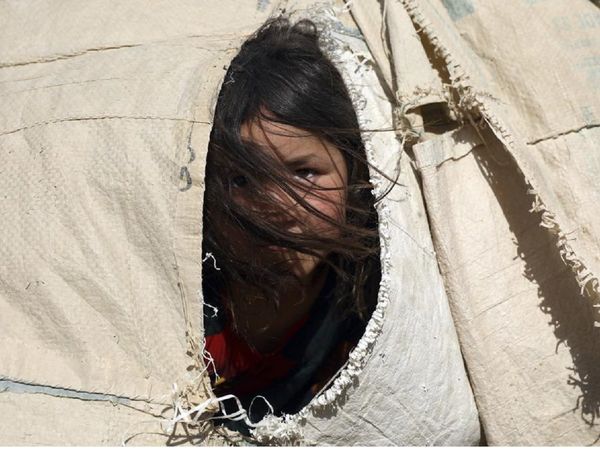 तालिबान के खौफ से बेघर टेंट से झांकती एक अफगान मासूम