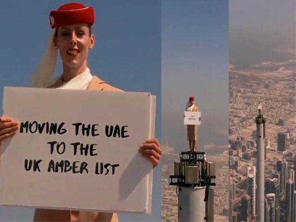 Watch Viral Video by Emirates shows woman standing on top of Burj Khalifa