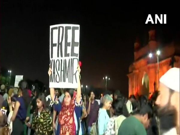 Poster reading Free Kashmir seen at Gateway of India Mumbai during protest against JNU violence