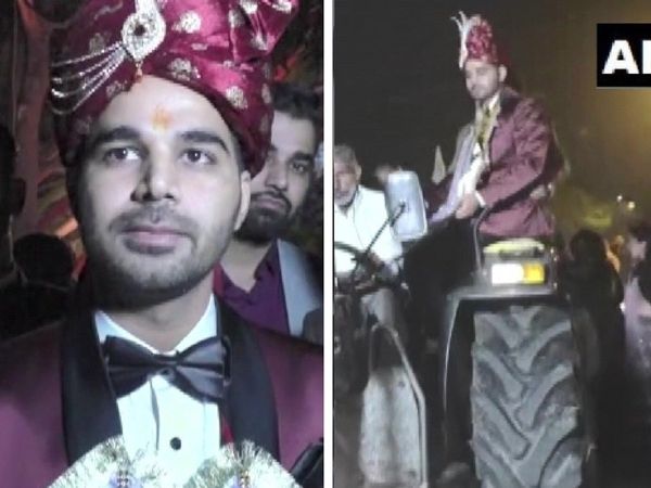 किसानों के समर्थन में लग्‍जरी कार छोड़ ट्रैक्‍टर से शादी करने पहुंचा दूल्‍हा, वायरल हुई तस्‍वीरें