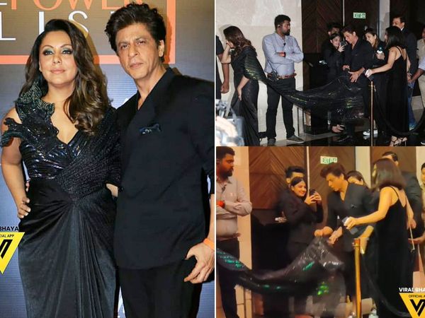 Shah Rukh Khan Gauri khan Cute Video Viral king khan hold wife outfit train at event watch video