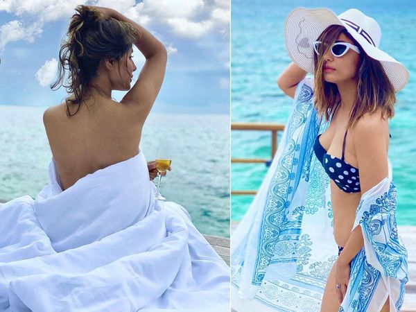 Hina Khan polka bikini And topless look new pictures Viral from Maldives vacation