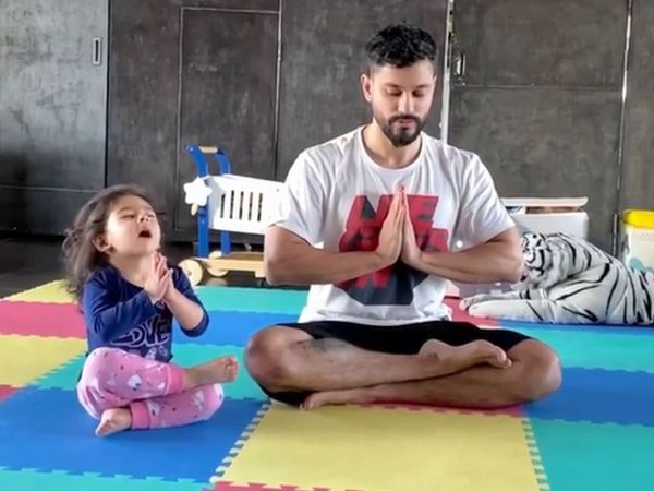 Kunal Kemmu Soha ali khan Daugter Inaaya chants Om prepares for World Yoga Day watch video