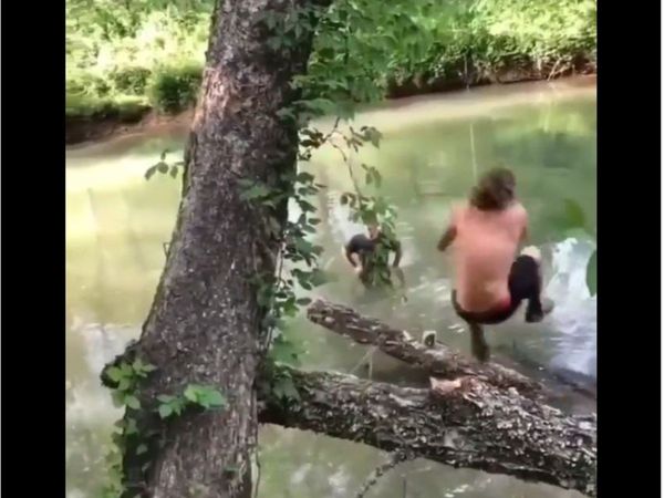 man swinging on the tree near pond then what happened watch funny video