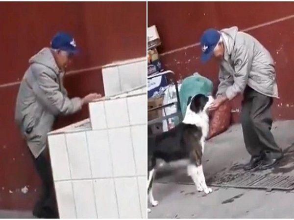 old man helping thirsty man drink water