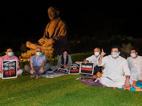Suspended Rajya Sabha MPs spend night outside Parliament in protest as farmer unrest grows