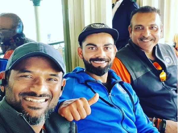 R Sridhar with Virat Kohli and Ravi Shastri