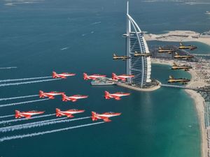 बुर्ज खलीफा के पास से सूर्यकिरण टीम का फ्लाईपास्ट