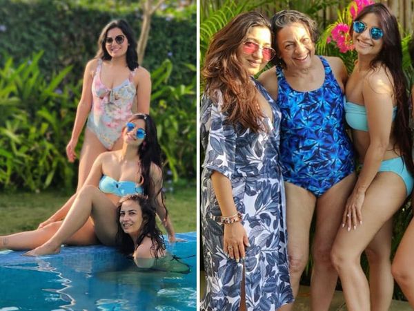 Kajol mother Tanuja Mukherjee flaunts Hot And Bold Bikini look At Daughter Tanisha Mukherji birthday pool Party