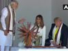 Donald Trump visits Sabarmati Ashram in Ahmedabad tries spinning charkha