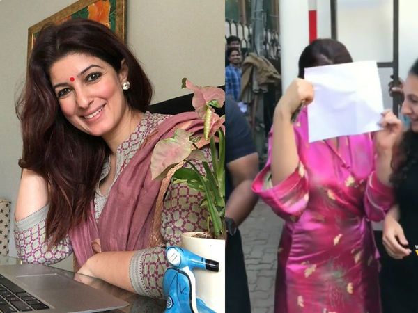 Twinkle Khanna hides her face with paper