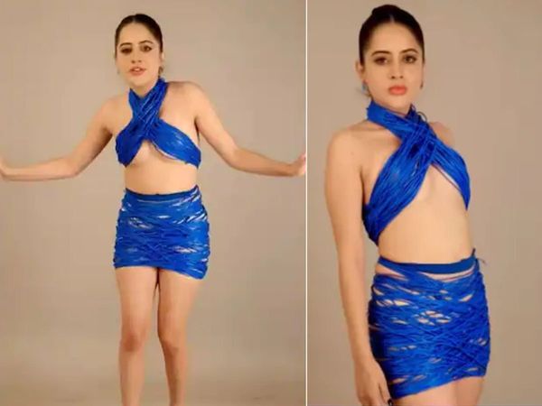 Urfi Javed electricity wire Hot dress look How Actress Wrap Herself in Blue Wire watch Video