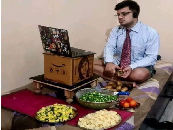 man chopping vegetables during work from home photo goes viral on social media