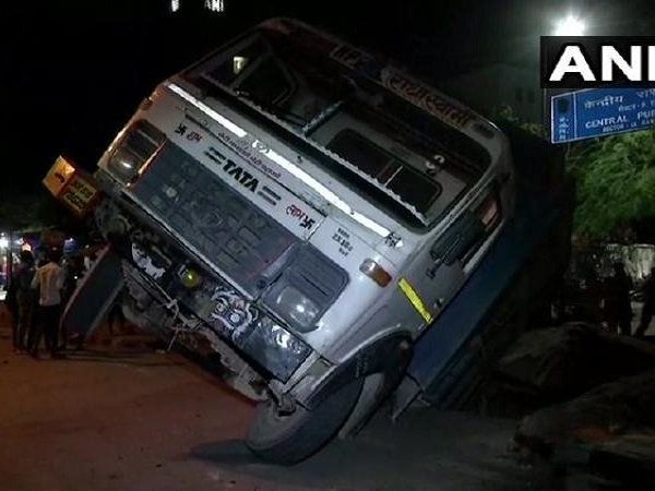 Truck stuck road caved